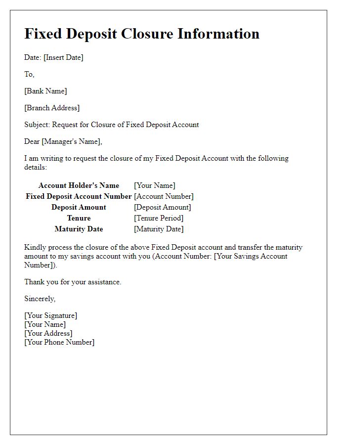 Letter template of Fixed Deposit Closure Information