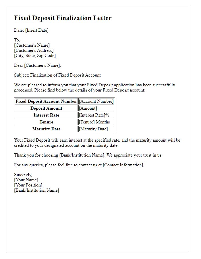 Letter template of Fixed Deposit Finalization Letter