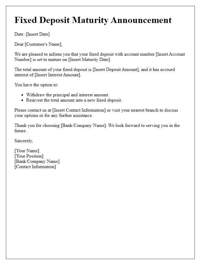 Letter template of Fixed Deposit Maturity Announcement