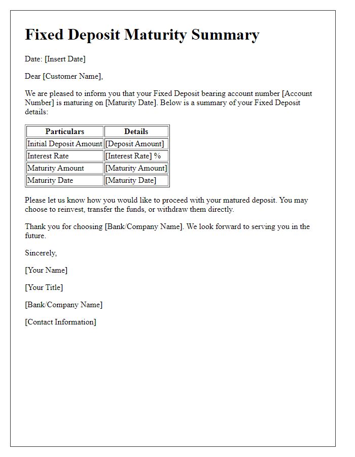 Letter template of Fixed Deposit Maturity Summary