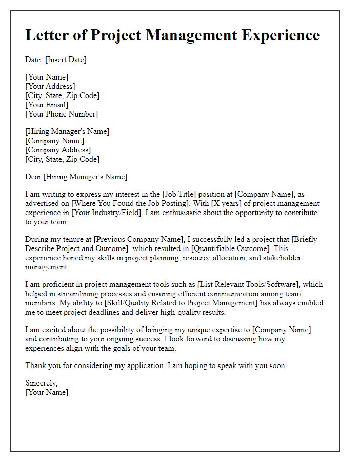 Letter template of project management experience for corporate job application