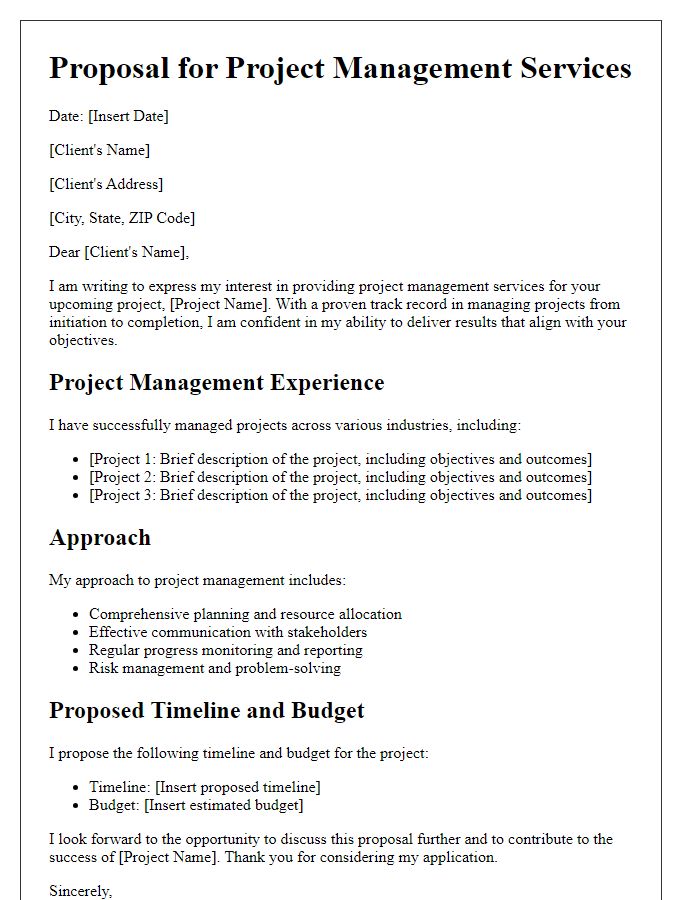 Letter template of project management experience for freelance project proposal