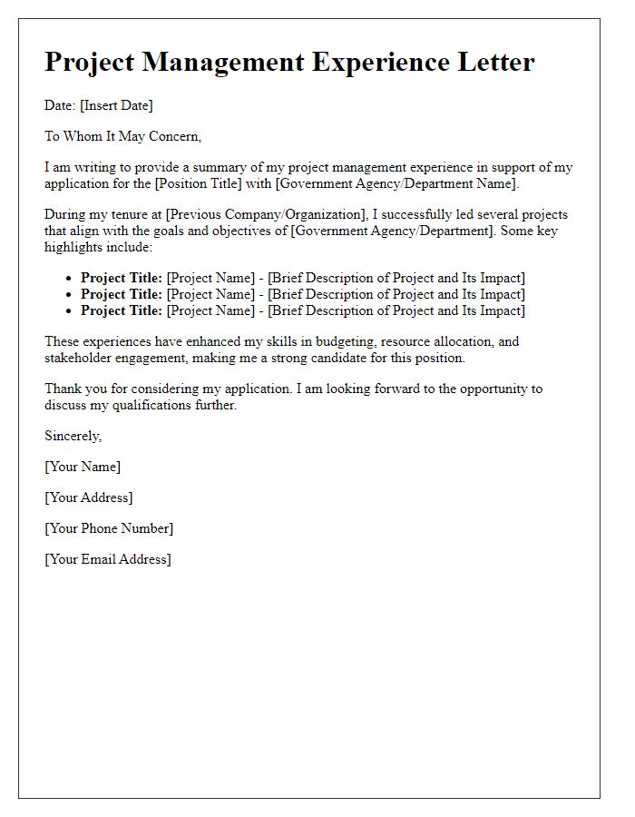 Letter template of project management experience for government position application