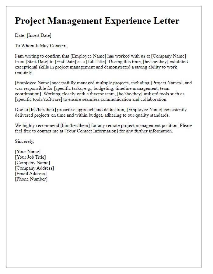 Letter template of project management experience for remote work application