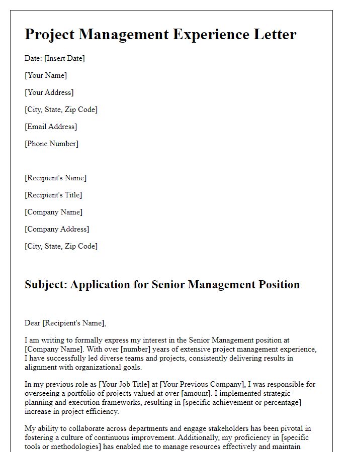 Letter template of project management experience for senior management position application