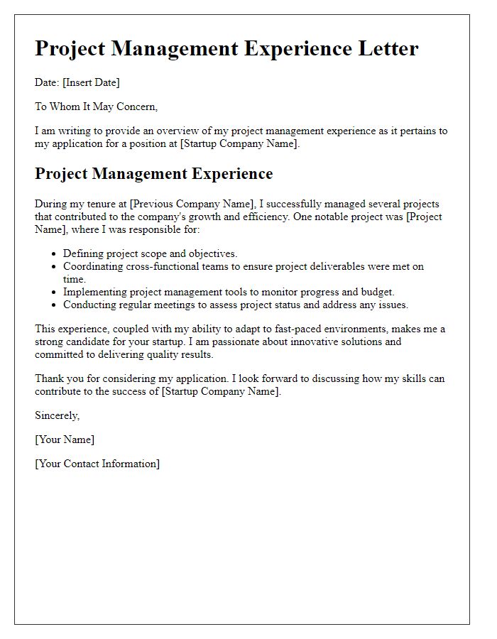 Letter template of project management experience for startup company application