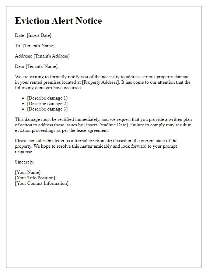 Letter template of eviction alert for property damage