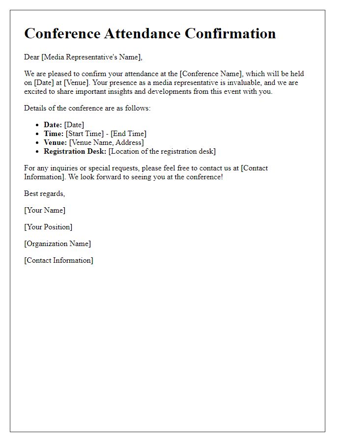 Letter template of conference attendance confirmation for media representatives.