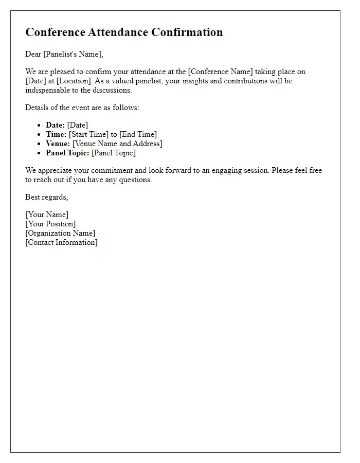 Letter template of conference attendance confirmation for panelists.