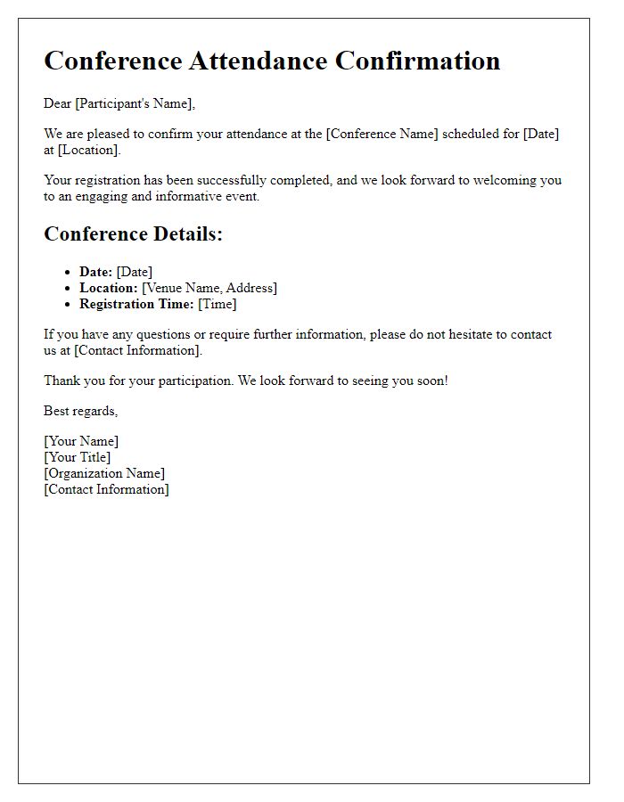 Letter template of conference attendance confirmation for participants.