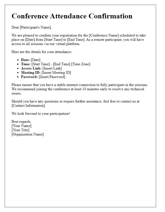 Letter template of conference attendance confirmation for remote participants.