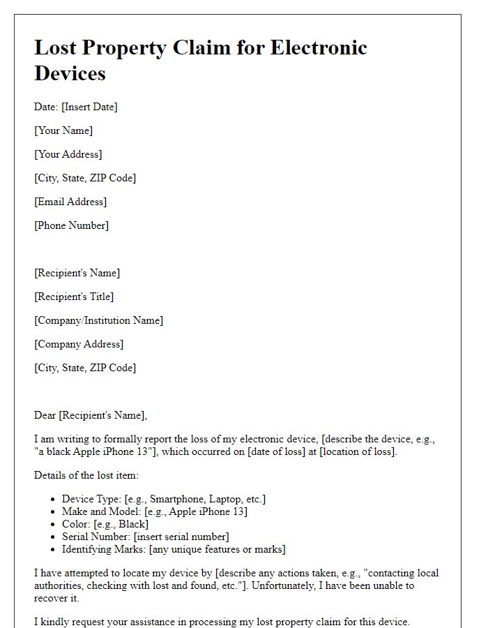 Letter template of lost property claim for electronic devices.