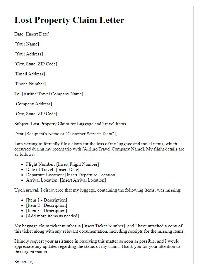 Letter template of lost property claim for luggage and travel items.