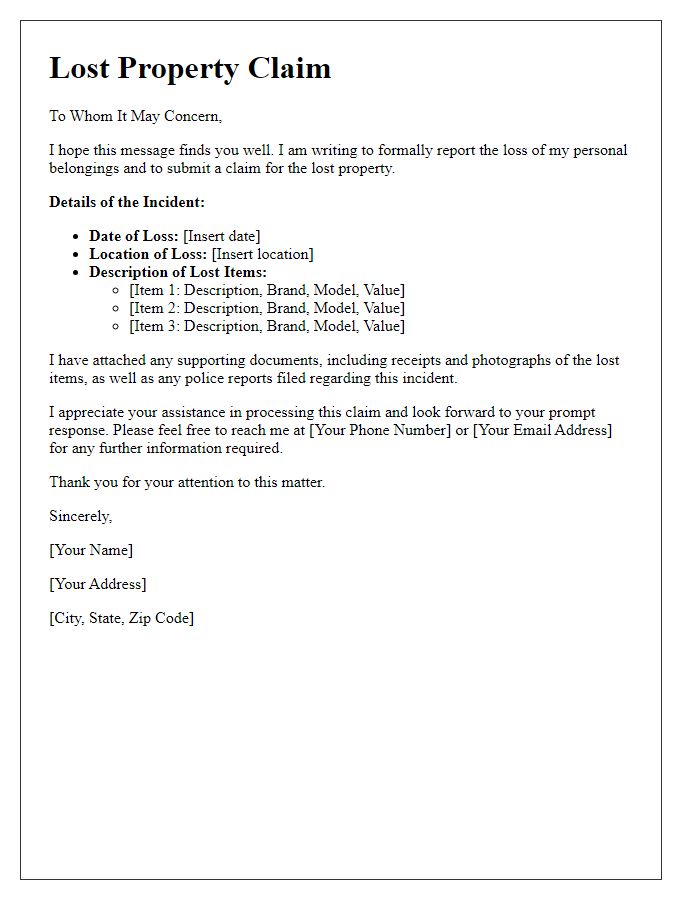 Letter template of lost property claim for personal belongings.