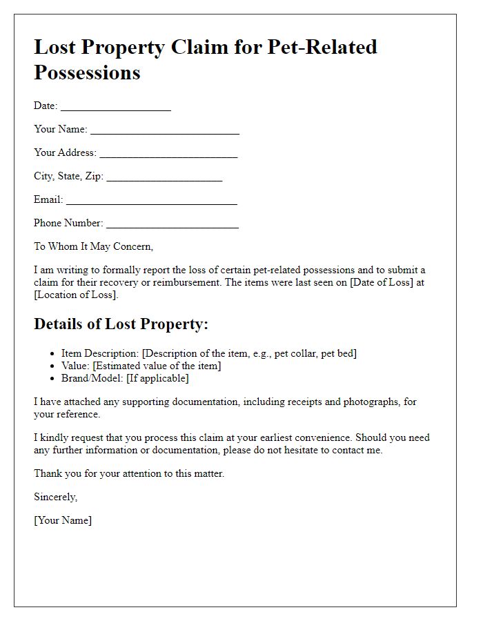 Letter template of lost property claim for pet-related possessions.