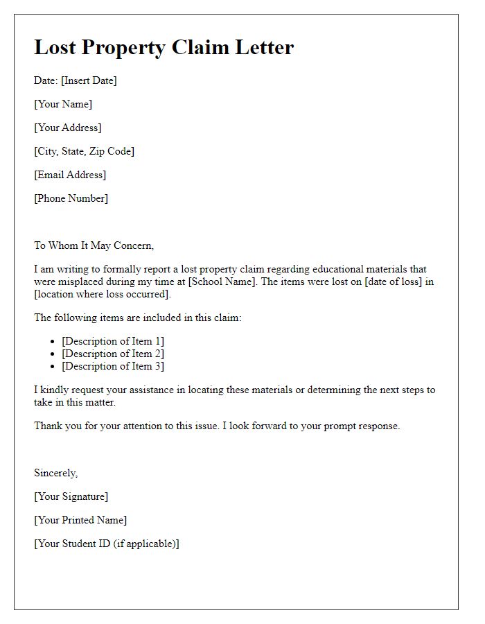 Letter template of lost property claim for school or educational materials.