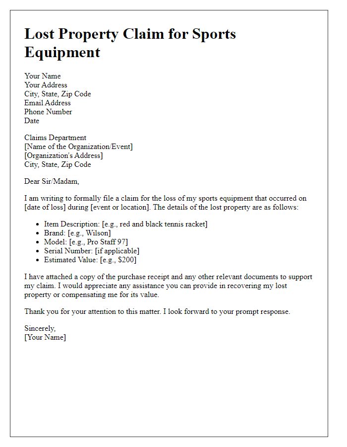 Letter template of lost property claim for sports equipment.