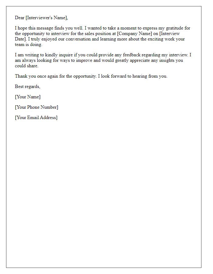 Letter template of feedback inquiry following a sales position interview.