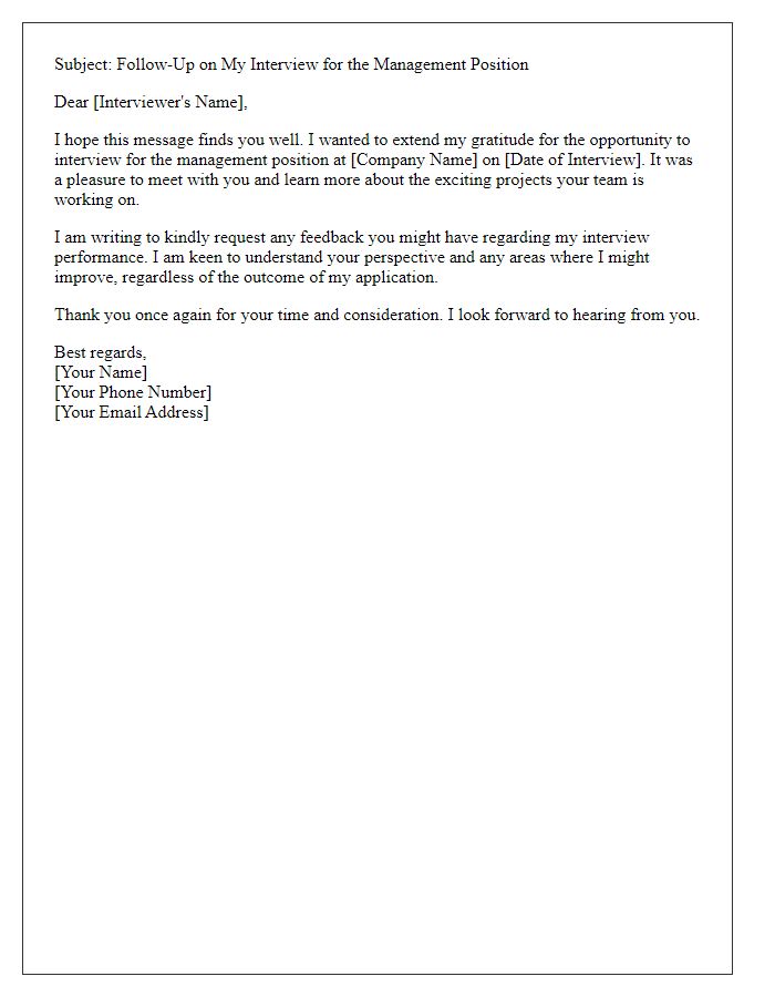 Letter template of follow-up feedback request for a management interview.