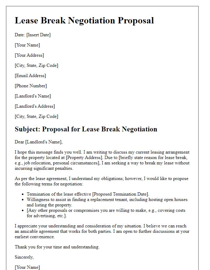 Letter template of lease break negotiation proposal