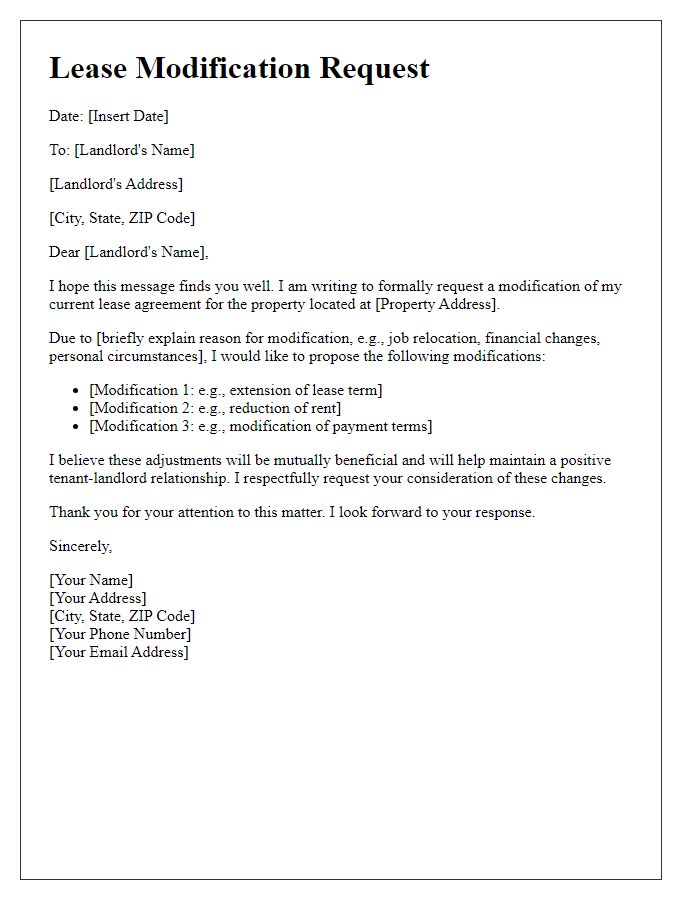 Letter template of lease modification request