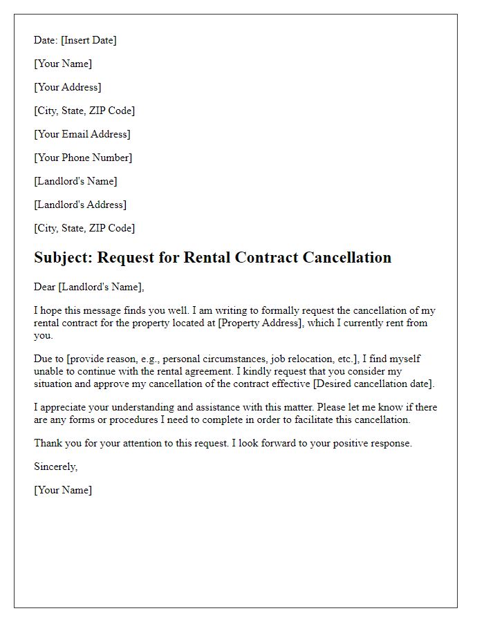 Letter template of rental contract cancellation request