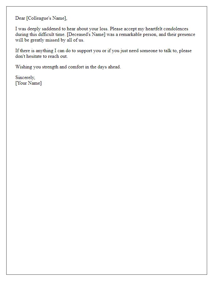 Letter template of respectful condolences for a colleague