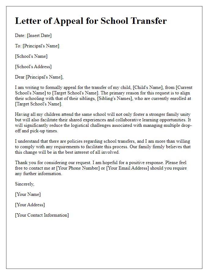 Letter template of appeal for child school transfer to align with siblings' school.