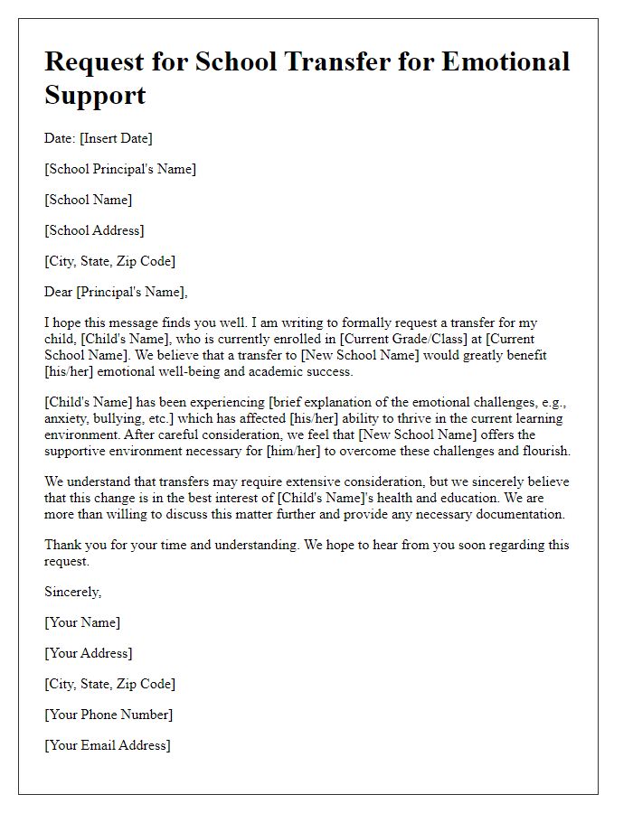 Letter template of appeal for child school transfer for emotional support.