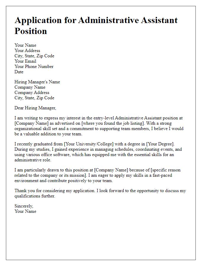 Letter template of application for entry-level position in administrative assistance.