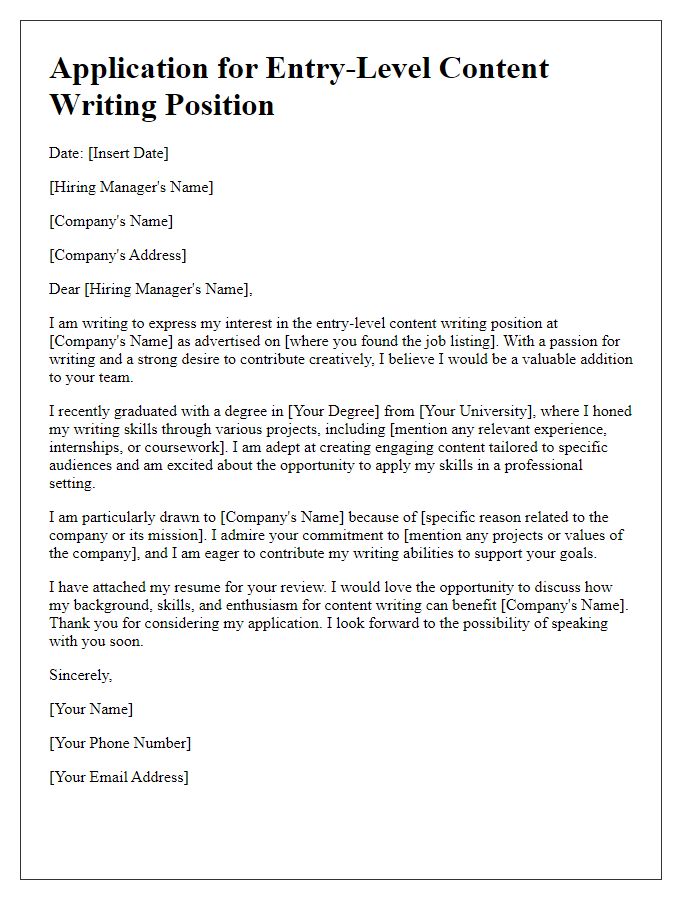 Letter template of application for entry-level position in content writing.