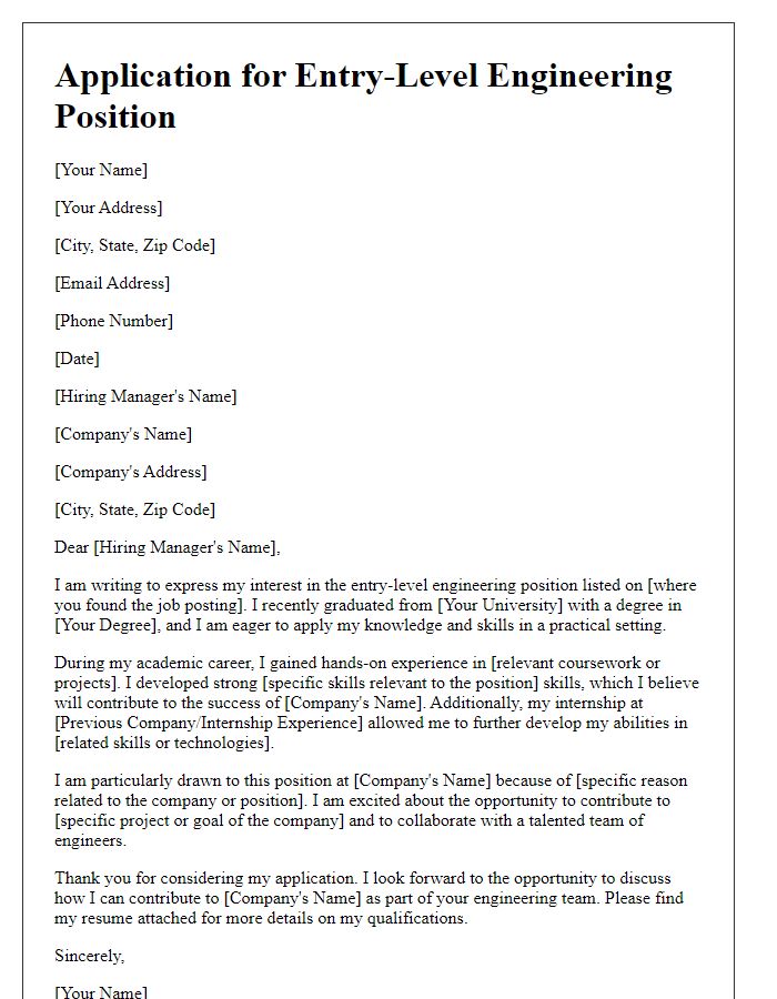 Letter template of application for entry-level position in engineering.