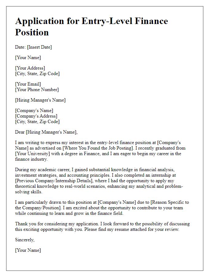 Letter template of application for entry-level position in finance.