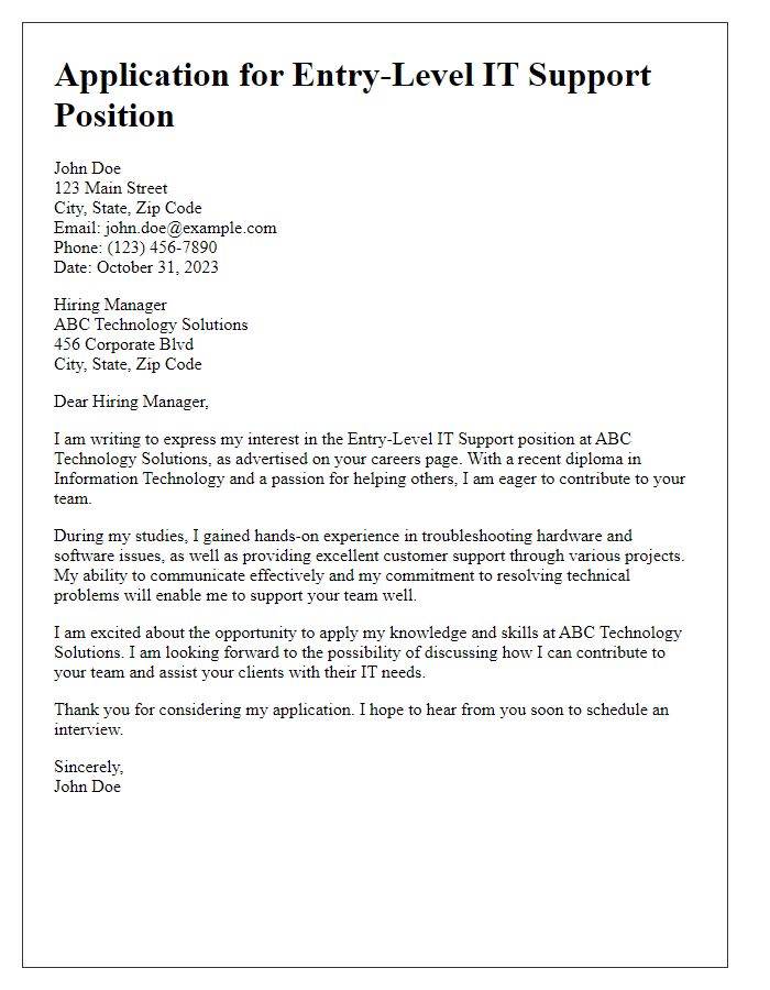 Letter template of application for entry-level position in IT support.