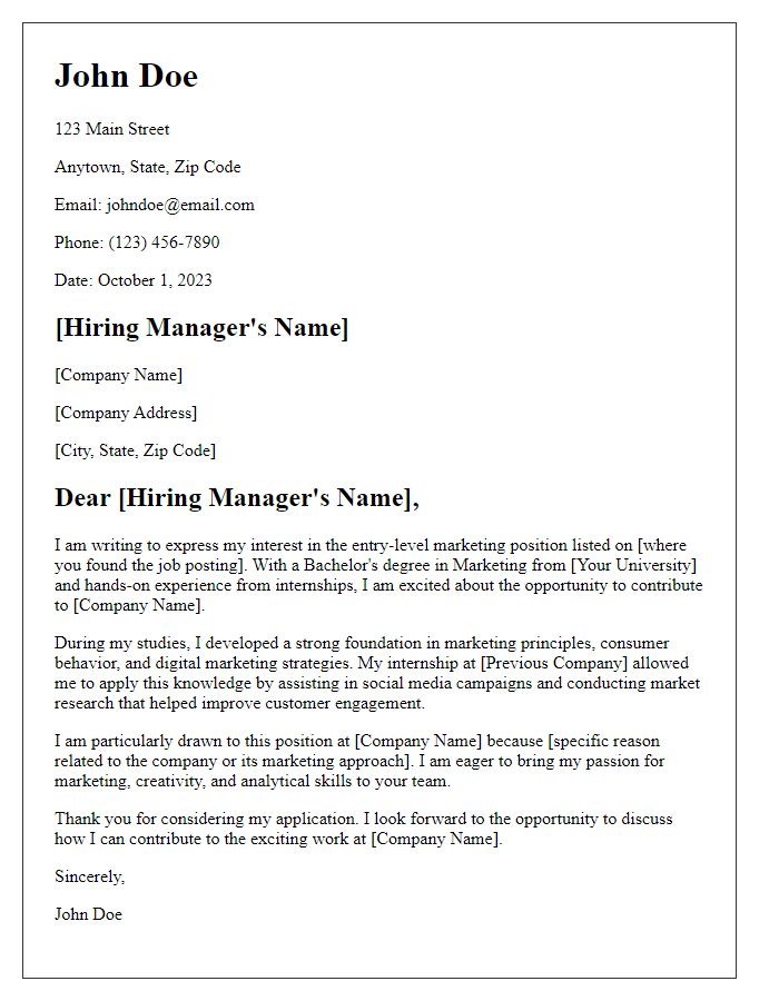 Letter template of application for entry-level position in marketing.