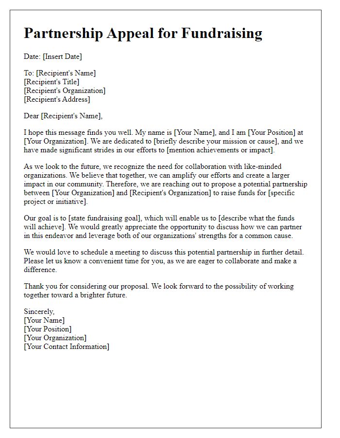 Letter template of appeal for partnership in raising funds.