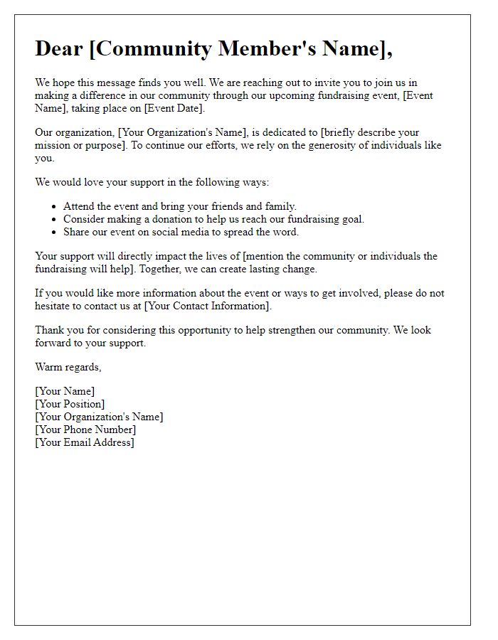 Letter template of outreach for community support in fundraising events.