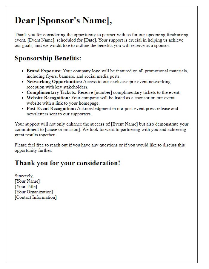 Letter template of sponsorship benefits outline for fundraising.