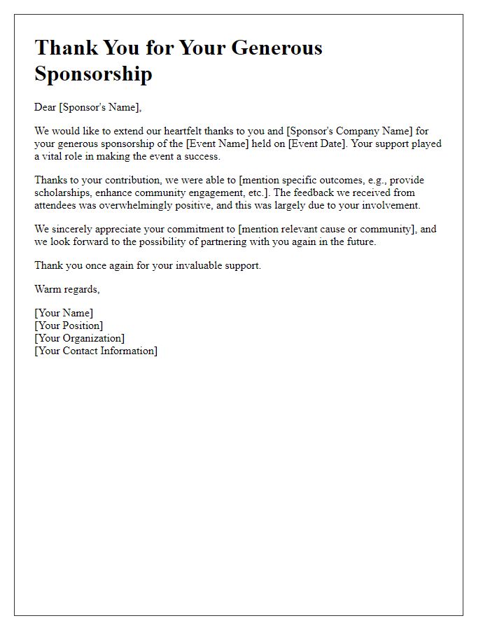 Letter template of thank you for event sponsorship contribution.