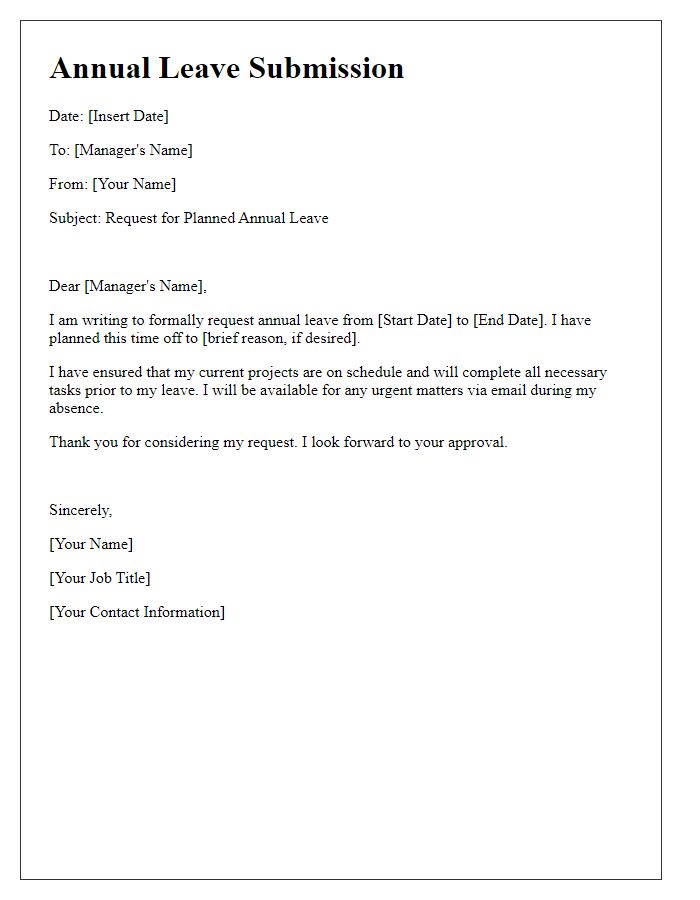 Letter template of planned annual leave submission