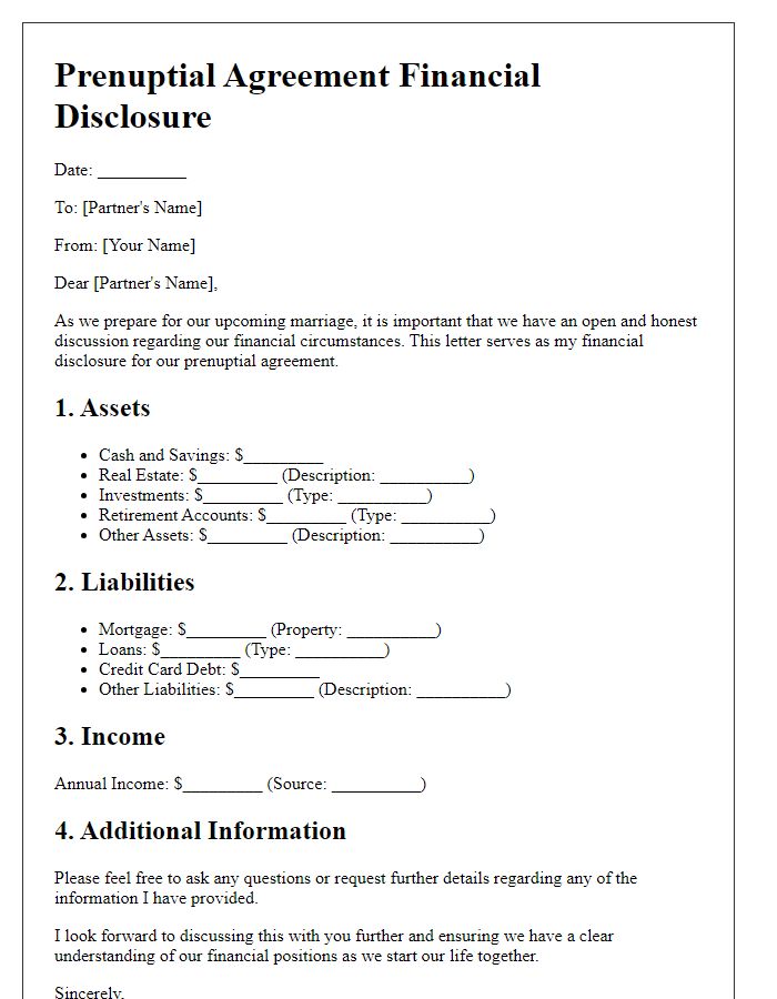 Letter template of prenuptial agreement financial disclosure