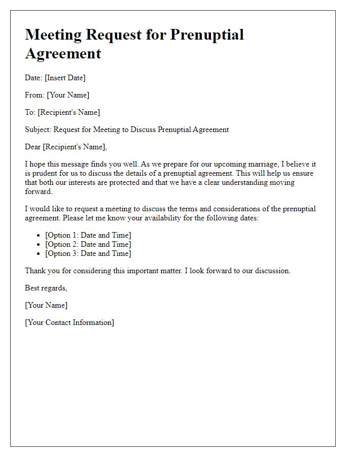 Letter template of prenuptial agreement meeting request