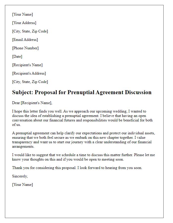 Letter template of proposing a prenuptial agreement discussion