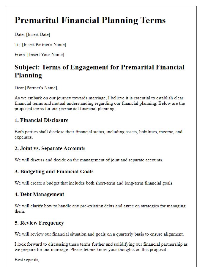 Letter template of terms for premarital financial planning