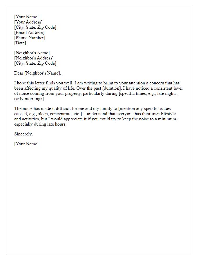 Letter template of appeal for action against neighbor's incessant noise level.