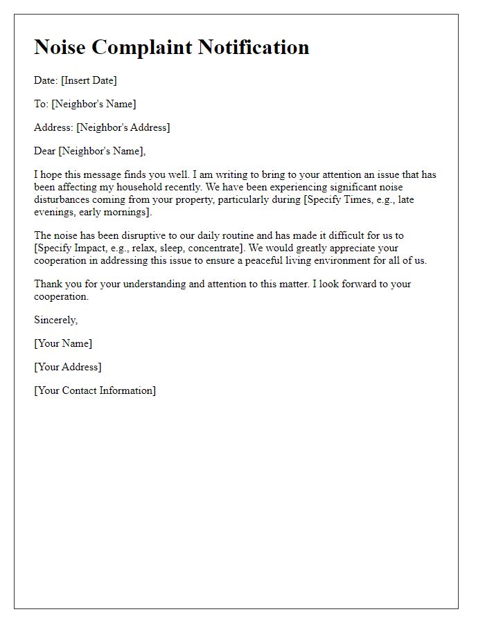 Letter template of notification addressing noise issues caused by neighbor.