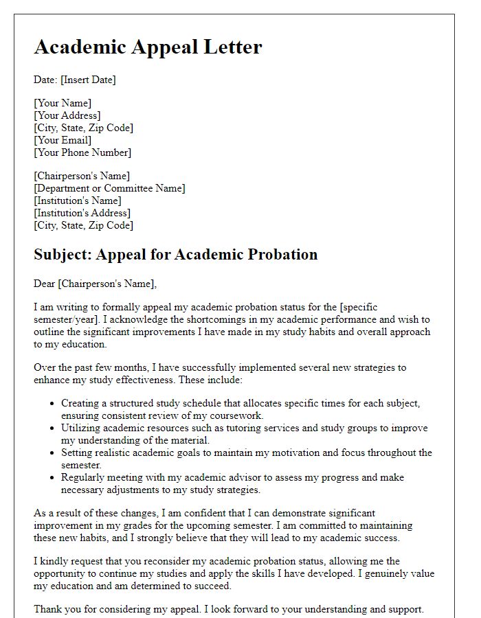 Letter template of academic probation appeal emphasizing improved study habits