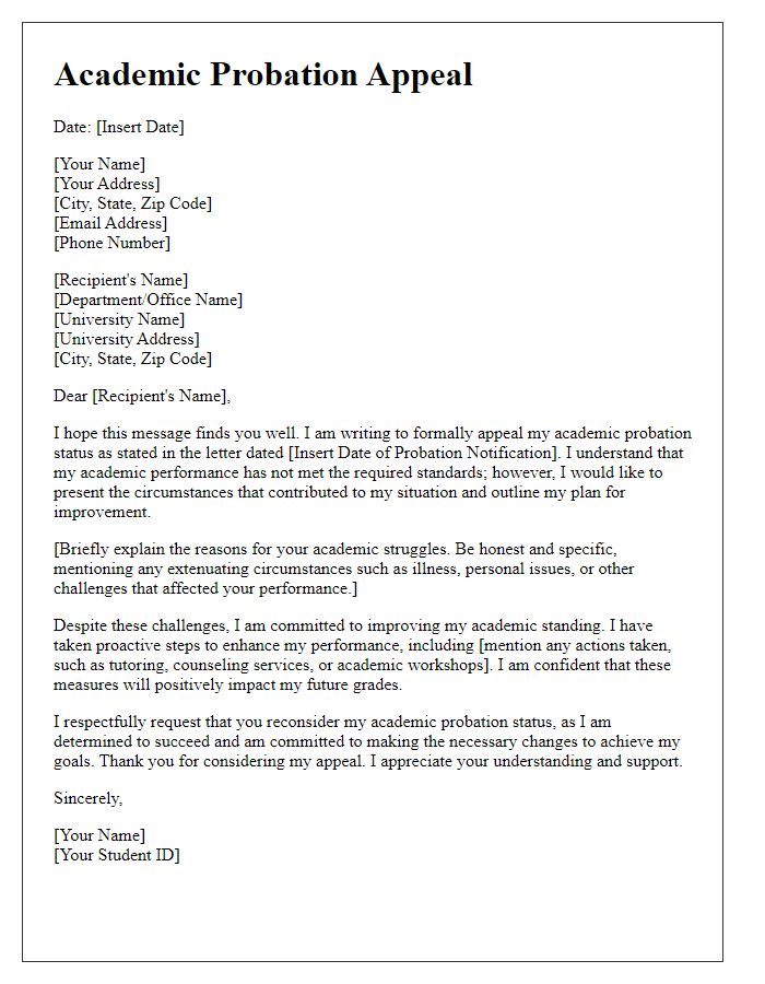 Letter template of academic probation appeal for graduate students