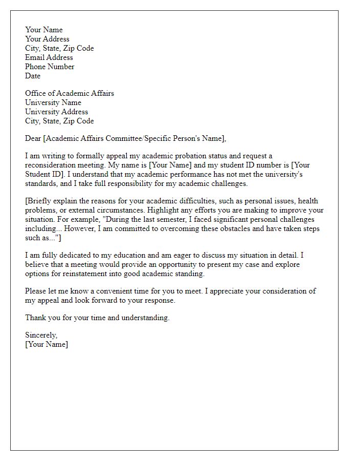 Letter template of academic probation appeal requesting a reconsideration meeting