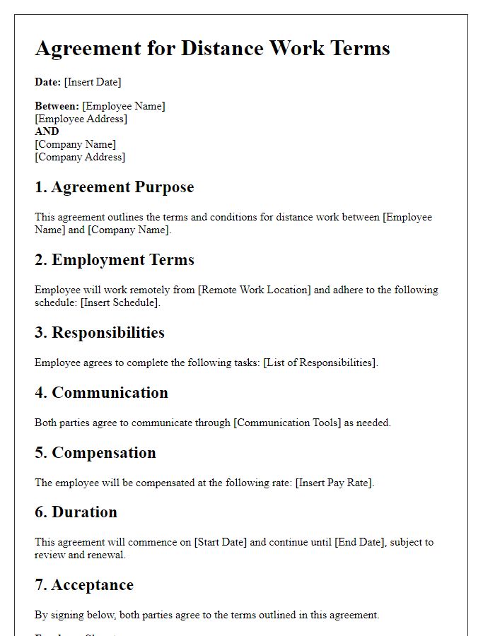 Letter template of agreement for distance work terms